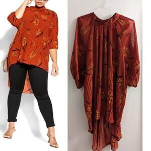 City Chic | Floral print high-low pleated blouse in rust orange